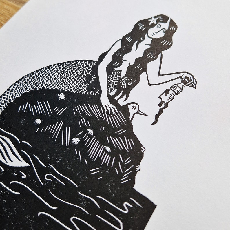 The Disgruntled Mermaid Original Linocut print Eco Environmental Ocean image 2