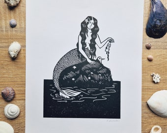 The Disgruntled Mermaid - Original Linocut print - Eco Environmental Ocean