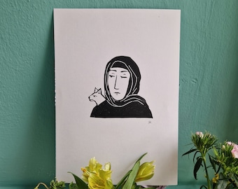 Portrait Linocut - Woman and Cat - A5 original print