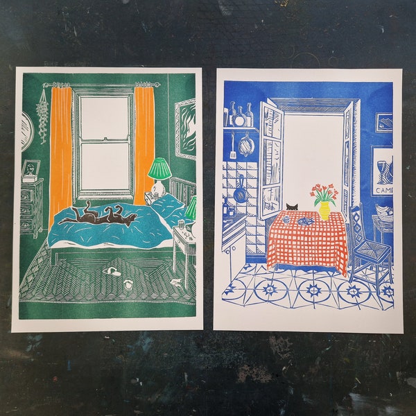 2x Riso prints - Tableau and Bed Thief - A3 Risograph prints from original lino cut prints, Cat in then Kitchen, Dog on the Bed