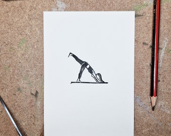 Mini print - 3 Legged Downward Dog Yoga Yogi - tiny lino cut print original art