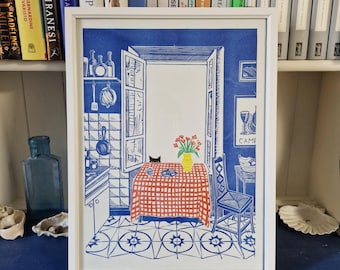 Tableau - The Cat and the Fish - A3 Risograph riso print of an original lino cut print
