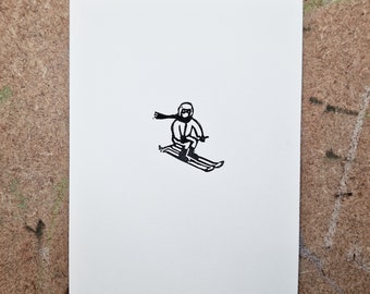 Mini print - Tiny Skiier - tiny lino cut print original handprinted art