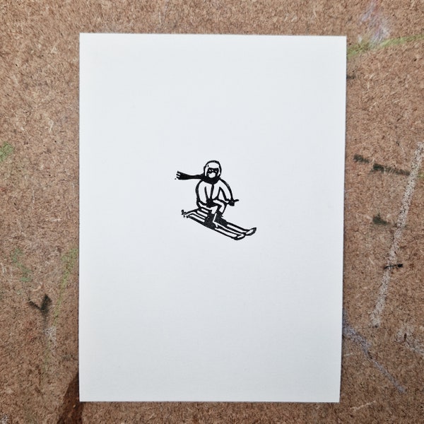 Mini print - Tiny Skiier - tiny lino cut print original handprinted art