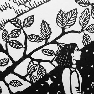 Going for a Walk lino cut print Dog and Girl art with nature design, waterfall, flowers, trees, image 4