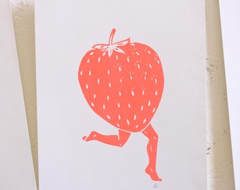 Erdbeer Risograph Druck - A5 Druck von einem original Linolschnitt