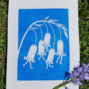 Dancing Bluebells - linocut print - flower print - surrealist garden - linoprint - art