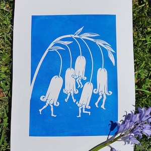 Dancing Bluebells - linocut print - flower print - surrealist garden - linoprint - art