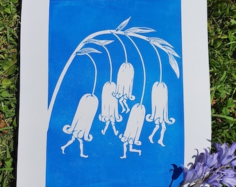 Dancing Bluebells - linocut print - flower print - surrealist garden - linoprint - art