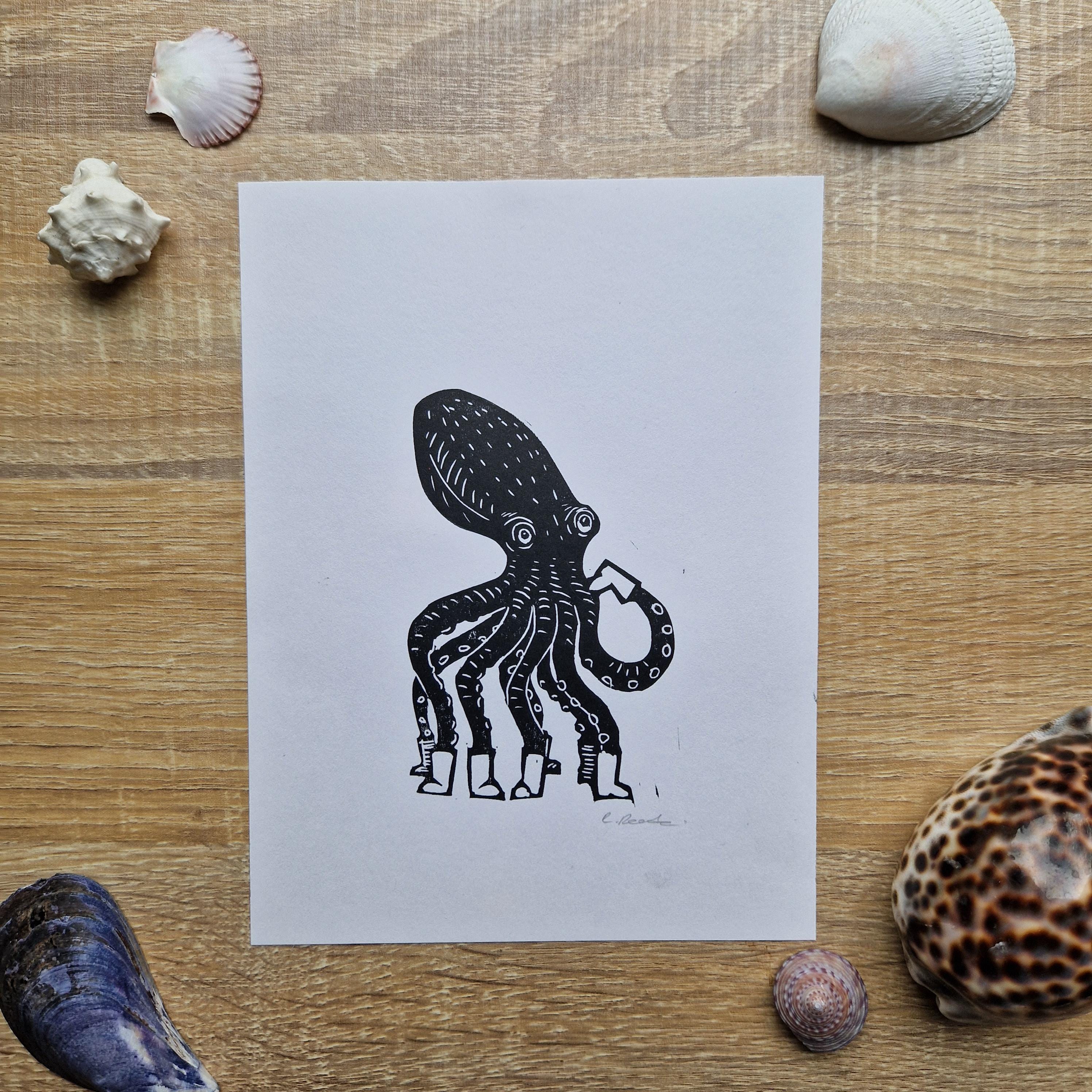Octopuss in Boots  -  Original A5 Linocut Print