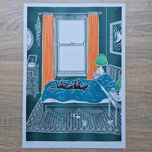 Bed Thief A3 Risograph riso print of an original lino cut print dog on bed, bedroom image 3