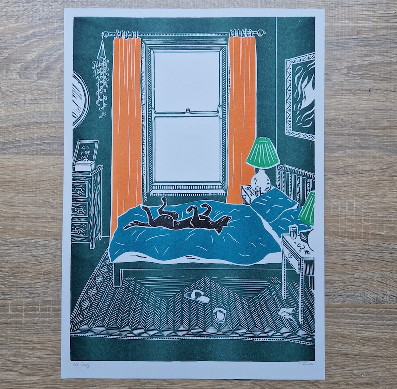 Bed Thief A3 Risograph riso print of an original lino cut print dog on bed, bedroom image 3