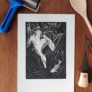 Diving Gannet and Fish Lino Cut Print - original lino print - sea bird