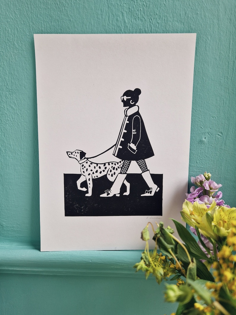 These Boots are Made for Walking - Original Linocut print - 60s woman and dalmatian