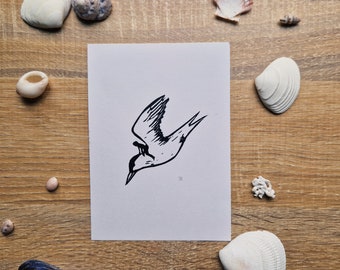 Tern Flyer -  A5 Original Linocut Print - Arctic Tern Print with Tiny Human Art