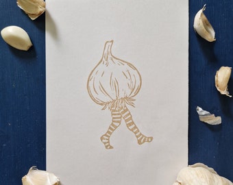 Garlic with Legs - A5 Original Linocut Print - Vegetable Art Print - Stripey Tights