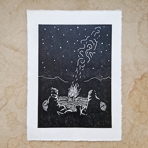 Campfire Original Lino Cut Print Mountain Hikers Dog Fire Night Camping image 1