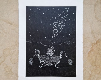 Campfire - Original Lino Cut Print - Mountain Hikers Dog Fire Night Camping