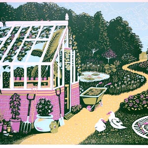 Los jardineros - Grabado original en linóleo (reducción)