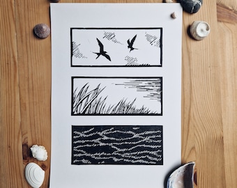 Terns at the Beach - Lino cut print - black print - Scottish art