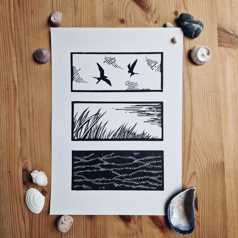 Terns at the Beach Lino cut print black print Scottish art image 1