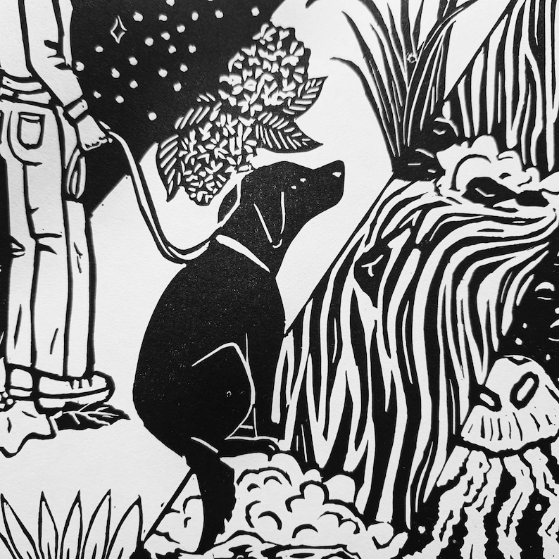 Going for a Walk lino cut print Dog and Girl art with nature design, waterfall, flowers, trees, image 5