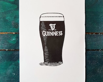 Guinness lino cut print - black and white print - handprinted original art Irish