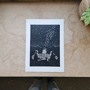 Campfire - A4 original lino cut print - mountaineering camping art
