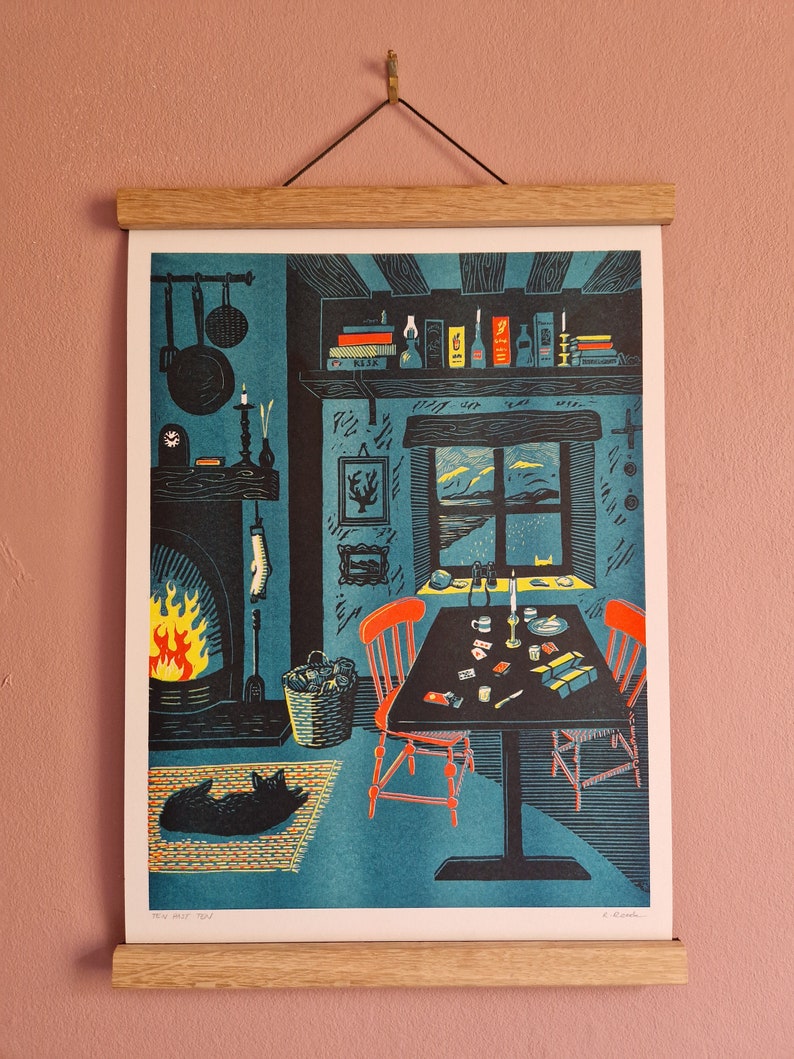 Ten Past Ten - A3 Risograph print from an original linocut print - riso art - Cottage Bothy Scene