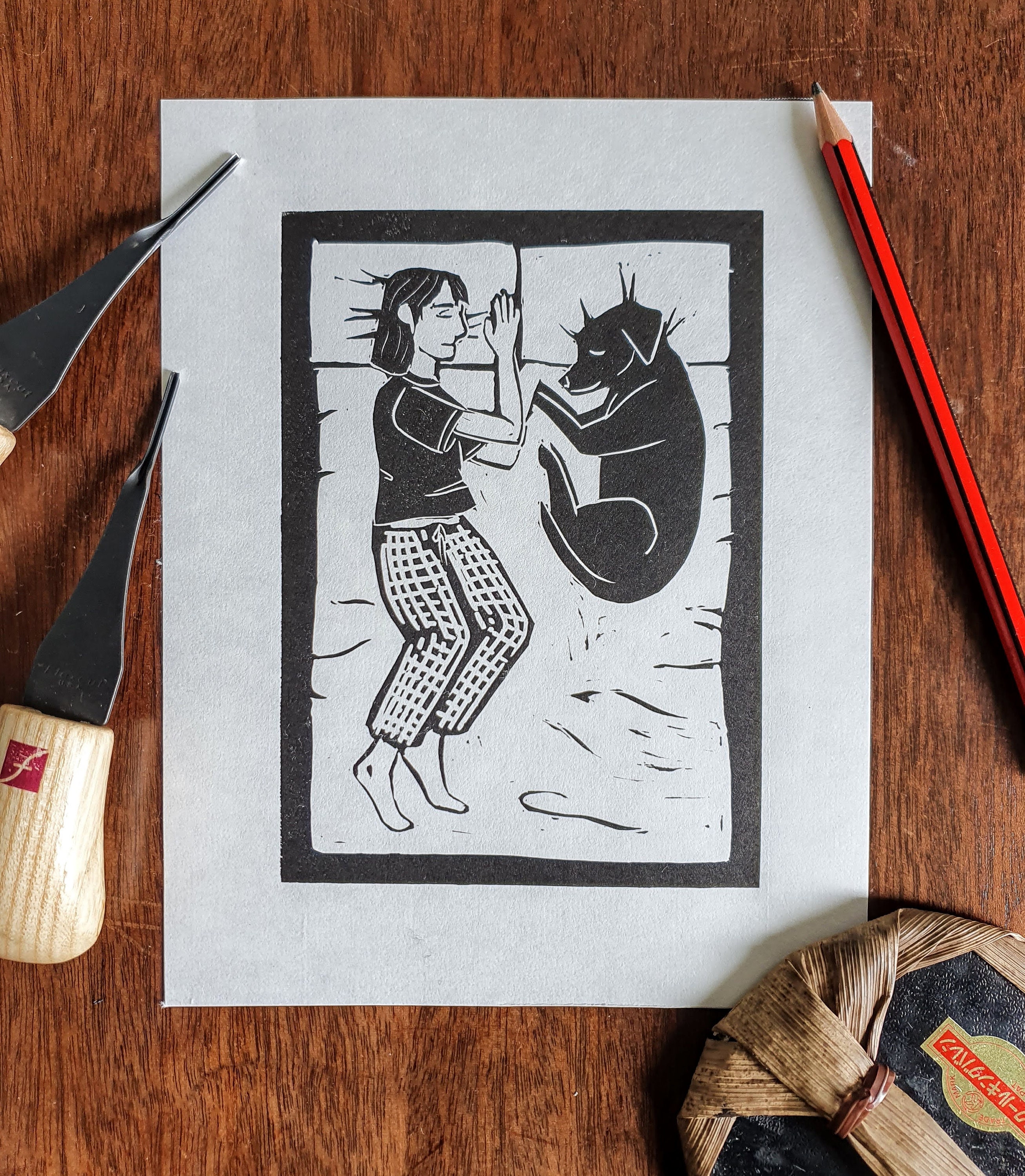 Girl and Dog linocut print - Labrador