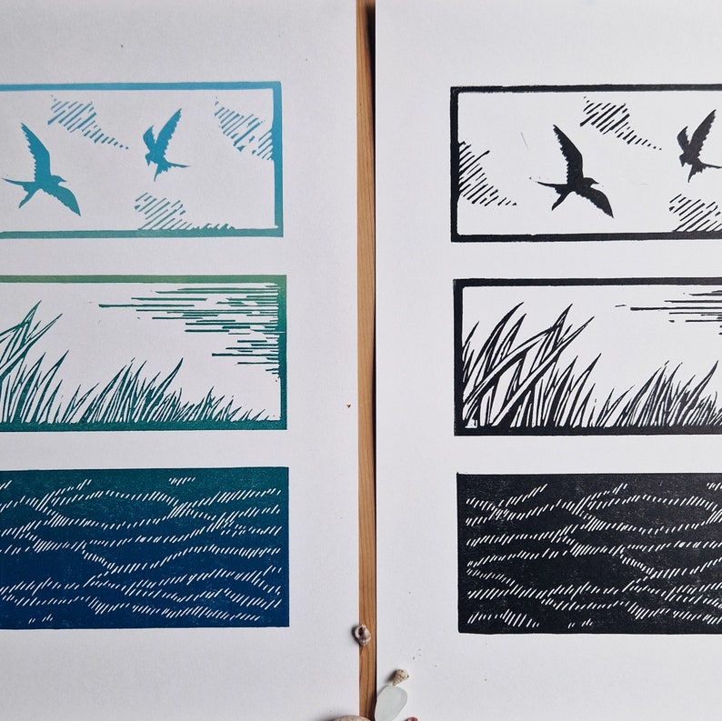 Terns at the Beach Lino cut print black print Scottish art image 2