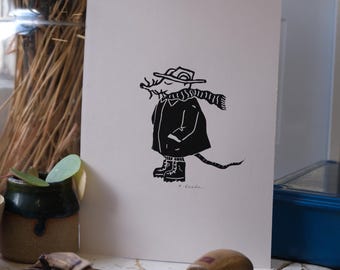 Rata con sombrero - Cola de invierno - Impresión linográfica original A5