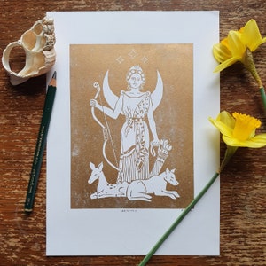 Artemis - Greek Goddess Original lino cut print - art mythology