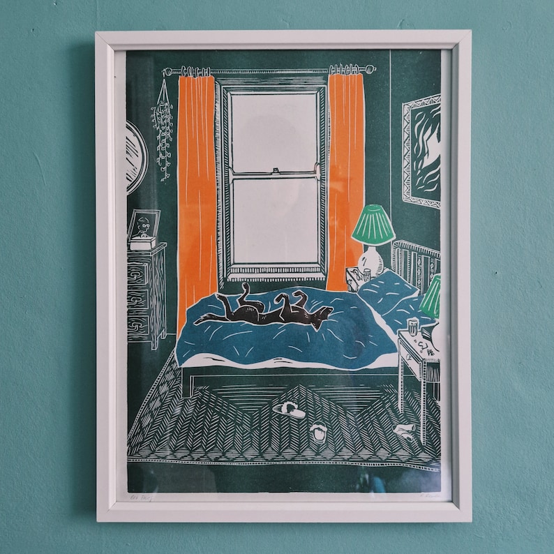 Bed Thief A3 Risograph riso print of an original lino cut print dog on bed, bedroom image 2