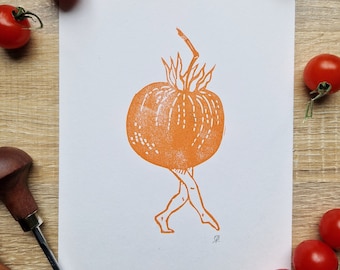 Walking Vegetables - Tomato with legs lino cut print - original handprinted art