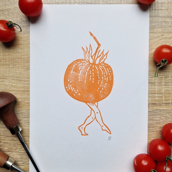 Légumes ambulants - Impression découpée en lino tomate avec pattes - oeuvre d'art originale imprimée à la main