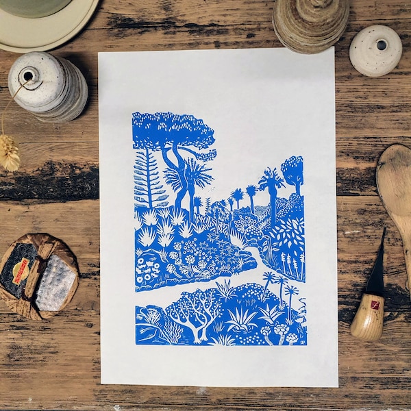 Jardins de l'abbaye de Tresco, îles Scilly - Impression originale - linogravure - linogravure - oeuvre d'art