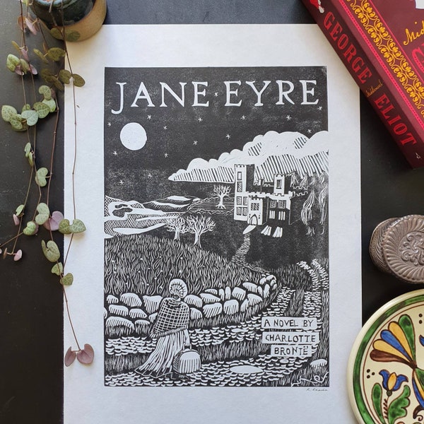 Jane Eyre Book Cover Lino cut Print - Charlotte Bronte - original handprinted art