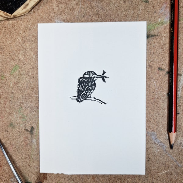 Mini print - Kingfisher - tiny original lino cut print art