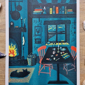 Dieci e dieci - Stampa Risograph A3 da una linoleografia originale - arte riso - Scena di cottage bothy