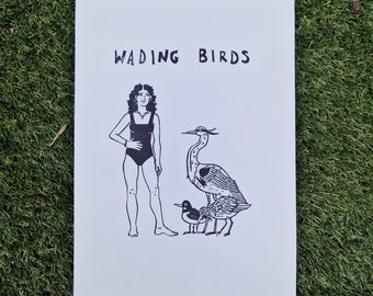 Wading Birds - limited edition linocut print - Swimmer and Heron, Oystercatcher, Curlew  - swimming art cold water