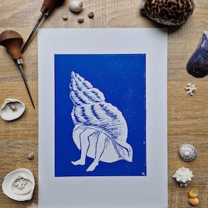 Hermit - A4 original linocut print - seashell, seaside, legs