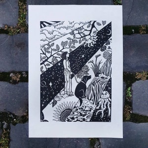 Going for a Walk - lino cut print - Dog and Girl art with nature design, waterfall, flowers, trees,