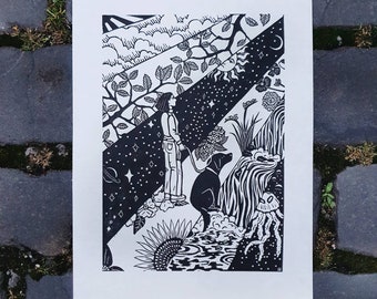 Going for a Walk - lino cut print - Dog and Girl art with nature design, waterfall, flowers, trees,