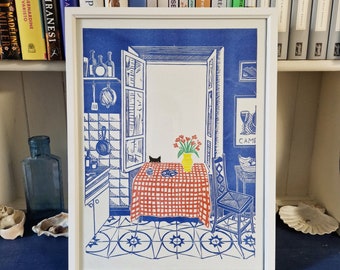 Tableau - De kat en de vis - A3 Risograph riso print van een originele linosnede print