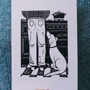 Sous Chef - Original Linocut Print A5 - Dog Kitchen Art
