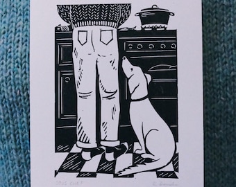 Sous Chef - Impressão Linogravura Original A5 - Arte de Cozinha para Cachorro