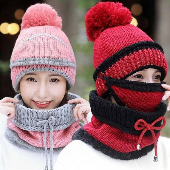 3 in 1 Winter Fall Adult Face Mask Hat Knit Beanie with Neck Warmer Christmas Double Layer