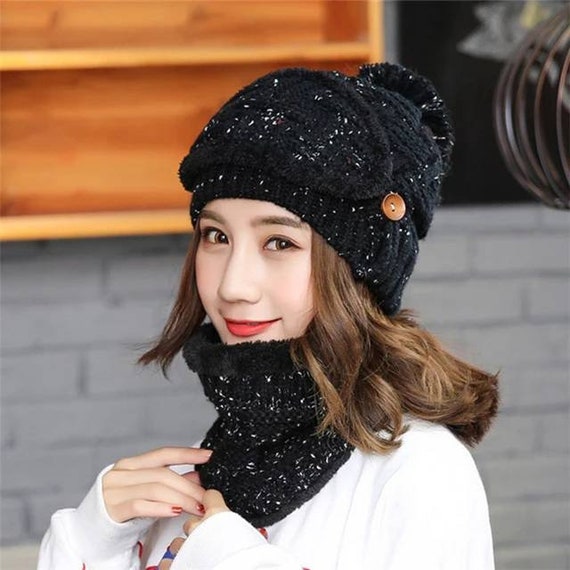 3 in 1 Winter Fall Adult Face Mask Hat Knit Beanie with Neck Warmer Christmas Double Layer
