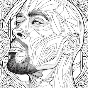 Puede incluir: Ilustraci&oacute;n en blanco y negro de l&iacute;nea de arte de un rostro de hombre con un patr&oacute;n geom&eacute;trico. El hombre est&aacute; mirando hacia arriba y tiene barba.